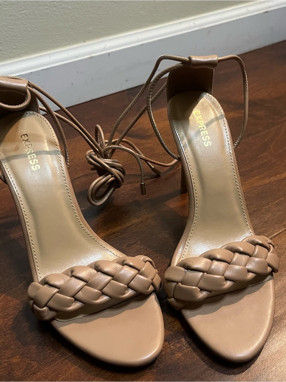 Express Women's Tan Braided Strap Heeled Sandals size 8. MSRP $78